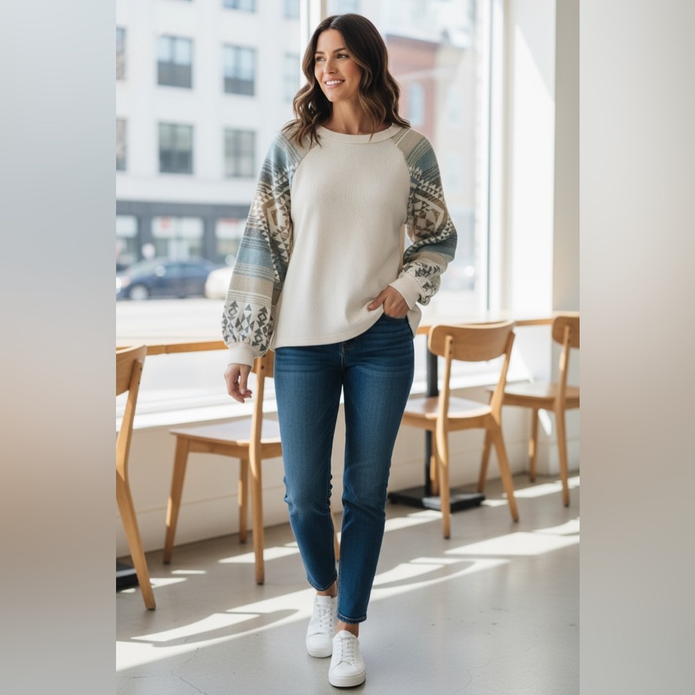 Very J Blue and Cream Aztec Pullover Sweater